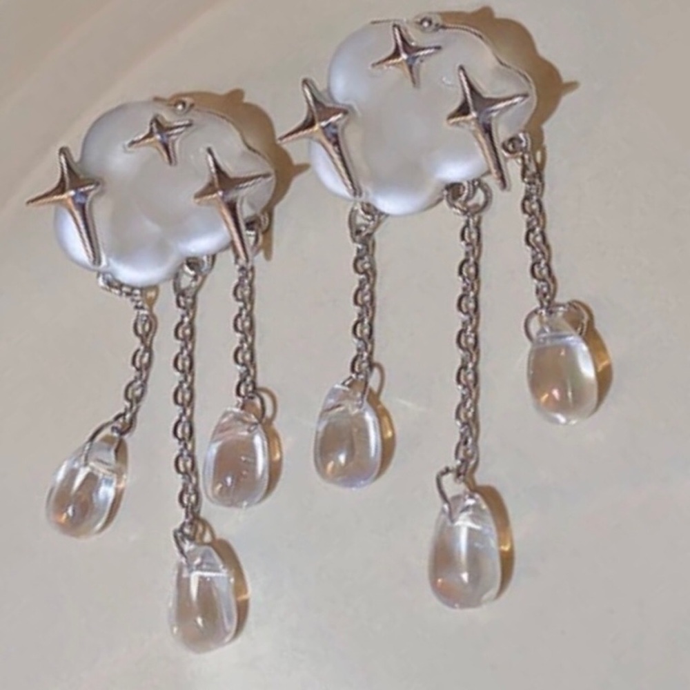 “Starry Rain Clouds” Frosted Glass Star Stellar Cumulus Weather Raindrops Dangle - Picture 7 of 16